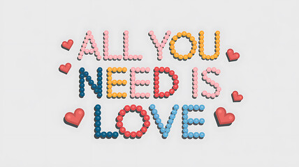 All You Need Is Love message spelled out with colorful beads and tiny hearts on a white background.