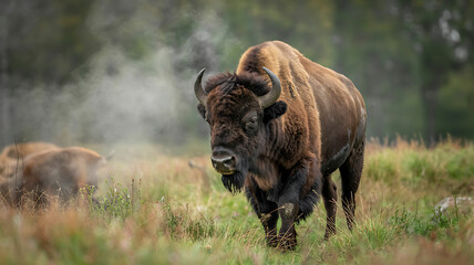 Fototapeta premium American bison walks through a grassy field with other bison in the hazy distance.