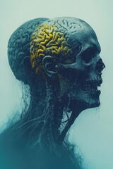 Obraz premium Artistic Representation of Double Exposure Concept Combining Human Skull, Brain, and Cerebral Hypoxia Themes with Fading Effect