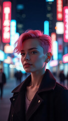 A woman with vibrant pink hair stands confidently on a city street at night, illuminated by colorful neon signs