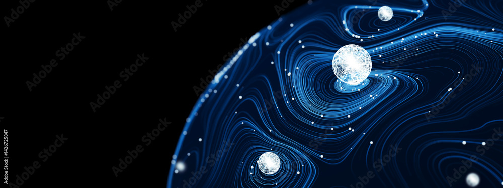 Poster abstract 3d sphere with interconnected lines and nodes, symbolizing a big data futuristic digital ne