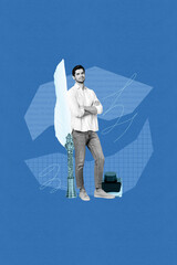 Poster mockup collage of person crossed handswith big vintage ink pen on blue color background