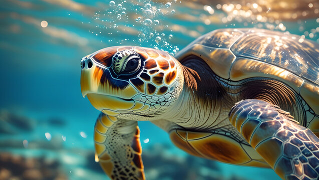 Sea Turtle Swimming Underwater with Bubbles and Sunlight