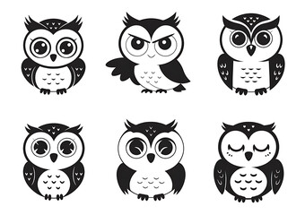 Fototapeta premium Six stylized black and white owls with varying expressions ranging from curious to sleepy depicted in a cartoonish and minimalist style.