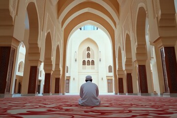 Man in Prayer in Ornate Mosque Interior