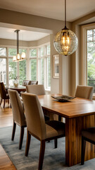 Cozy dining room with natural light, stylish lighting fixtures, wooden table, and neutral color scheme.