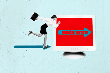 Contemporary art collage of happy businesswoman stand pc monitor freelancer development career this...