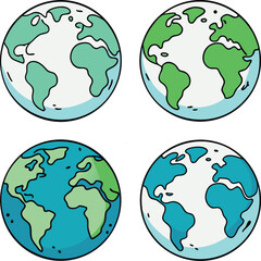 A vector set of earth globes showcases the world's continents like America, Asia, and Europe on a global sphere, ideal for travel illustrations and geographic icons