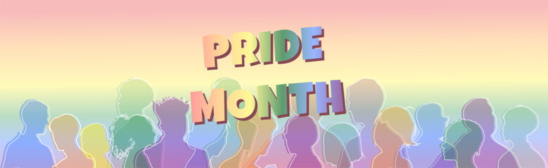 banner Vibrant rainbow silhouette crowd and 3D text celebrating Pride Month on a pastel gradient background