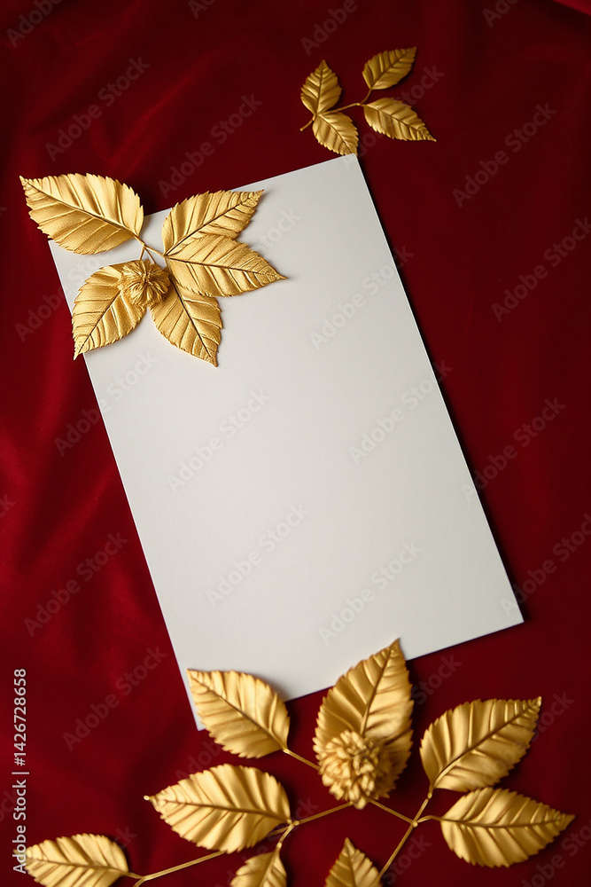 Poster blank white card on red cloth. gold leaves decorate the edges. elegant and simple template with empt