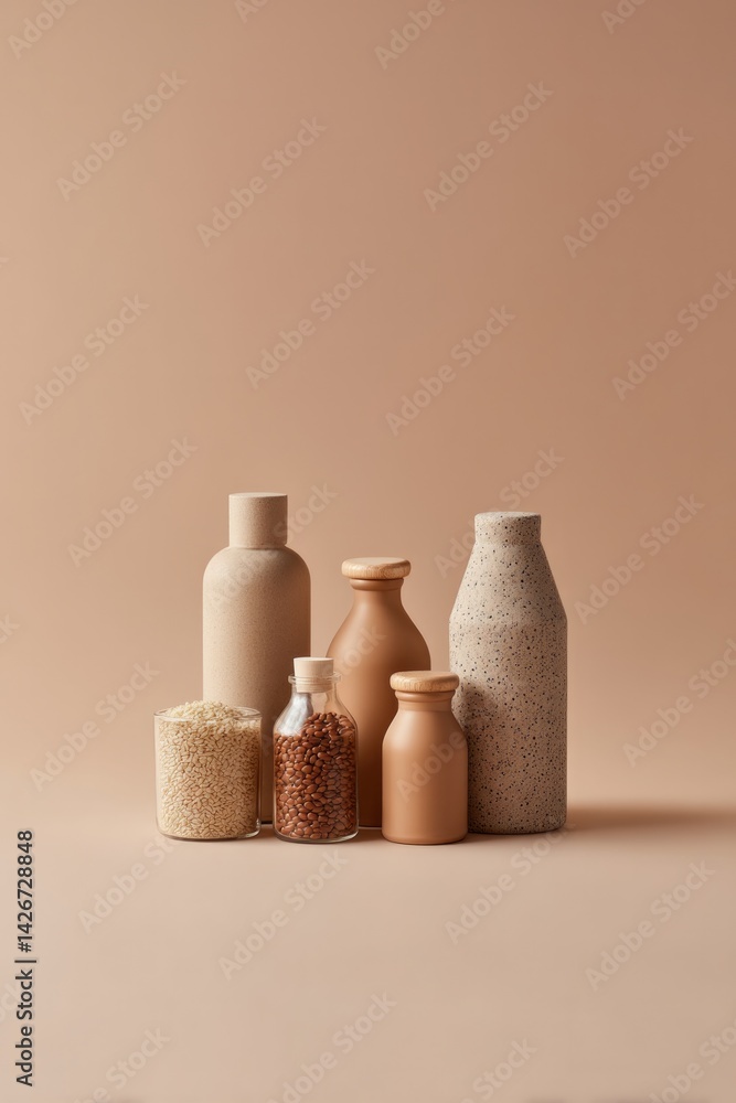 Poster assortment of natural cleaning products presented in simple containers on solid background