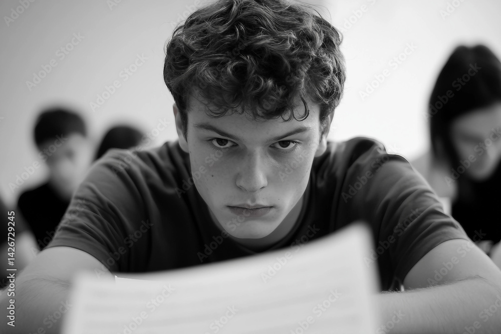 Poster focused student writing during test exam in classroom surrounded by classmates during study session 