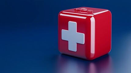 Red cubic first-aid kit icon with white cross on reflective surface