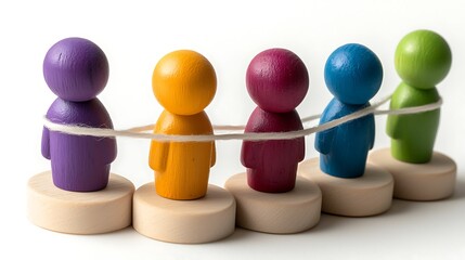Obraz premium Colorful wooden figures linked by string, symbolizing unity and teamwork