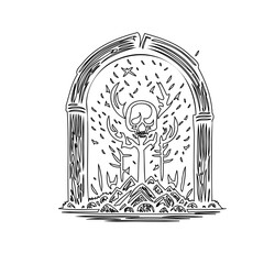 Monochrome illustration of a skull tree portal