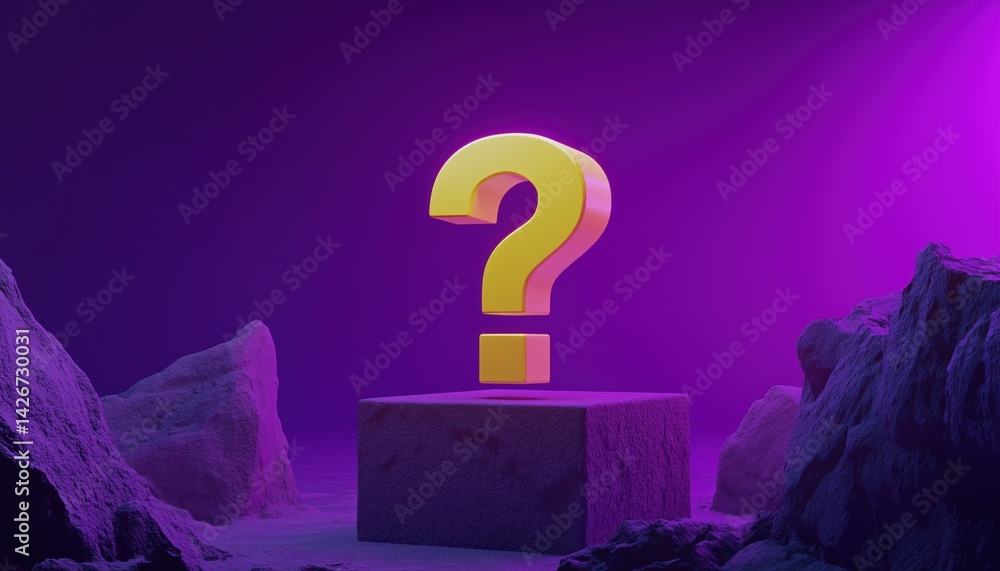 Poster yellow question mark sign: faq answer solution and information support business symbol on purple wit