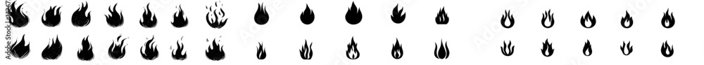Poster flame icon vector illustration featuring various styles and sizes in a bold black design for use in 