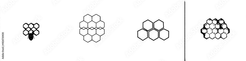 Poster vector illustration of hexagonal patterns representing hives and natural designs in a simple black a