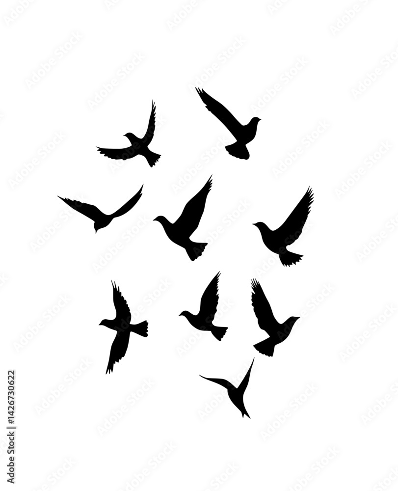 Poster birds flying in various directions creating a dynamic and captivating vector illustration on a white