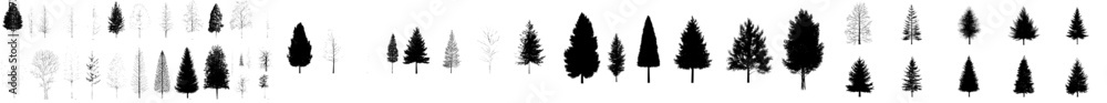 Poster vector illustration of various tree silhouettes showcasing diverse shapes and sizes in a minimalisti