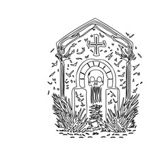 Spooky Tombstone Line Art with Skull Illustration