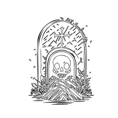 Gothic Tombstone Skull Linear Art Illustration