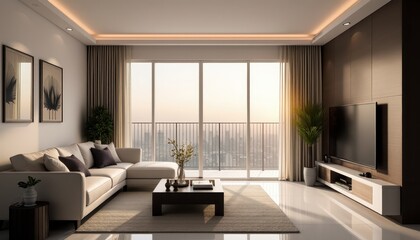Fototapeta premium Showcase stylish living room with sunset view and modern furnishings in elegant design. Condo idea creative