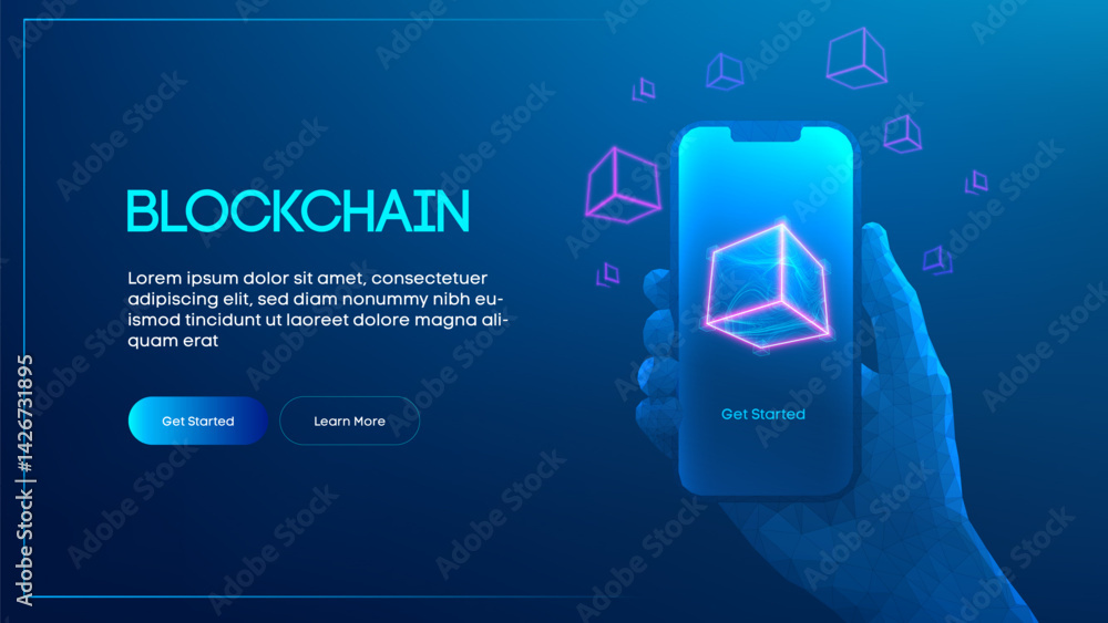 Poster blockchain 3d block on smartphone digital neon background. chain data app crypto cube mobile fintech