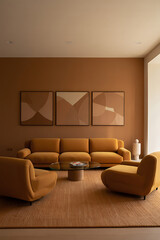 Mocha Mousse Themed Interior Design with Cozy Seating Area and Elegant Wall Art in a Warm, Inviting Living Space