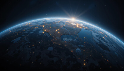 Earth's Sunrise: Capturing the moment of sunrise from space, as the sun's golden rays illuminate Earth's atmosphere and landscape, celebrating the beauty of our planet.