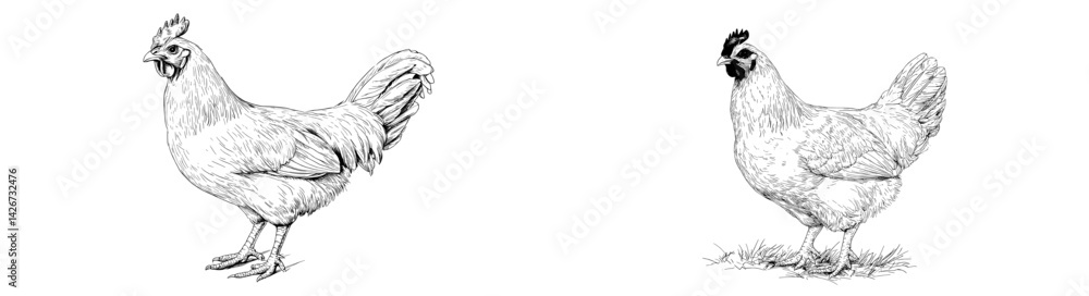 Poster the image features a chicken and hen in a sketch, presented in a vintage retro print style with ink 