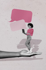 3d sketch image vertical collage of hand hold happy girl guy chatterbox speech notification...