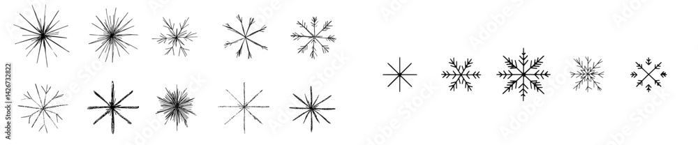 Poster a modern icon featuring a set of snowflakes in linear design, comprising geometric shapes related to