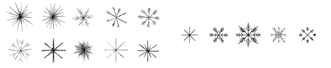 Obraz premium A modern icon featuring a set of snowflakes in linear design, comprising geometric shapes related to nature and winter, forming a hand-drawn contour collection