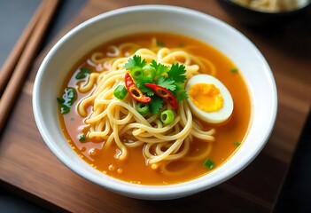 Generative AI Culinary Creation: Vibrant Noodle Soup with Egg and Spices