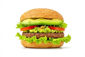 Delicious veggie burger with avocado and tomato on white surface isolated on white background
