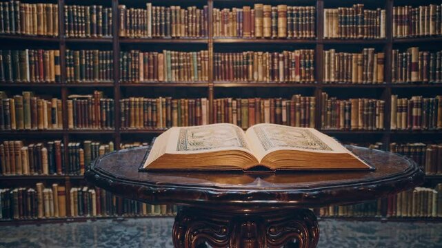 Ornate antique book open on a pedestal table before a wall of bookshelves.