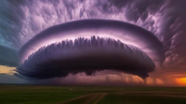 Majestic Supercell Thunderstorm with Lightning Illuminated Shelf Cloud over Plains