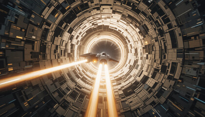 Journey Through the Technological Core: A futuristic spacecraft streaks through a cylindrical, high-tech tunnel, trailed by streams of glowing energy.