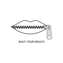 Shut your mouth on white background, zipper mouth illustration, closed lips.
