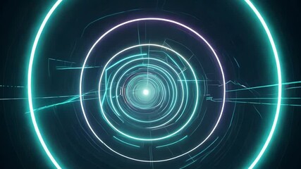Futuristic blue and purple circular tunnel animation. Neon rings expand from center outward while energy beams pulse across the frame, creating dynamic technological pattern. - Powered by Adobe