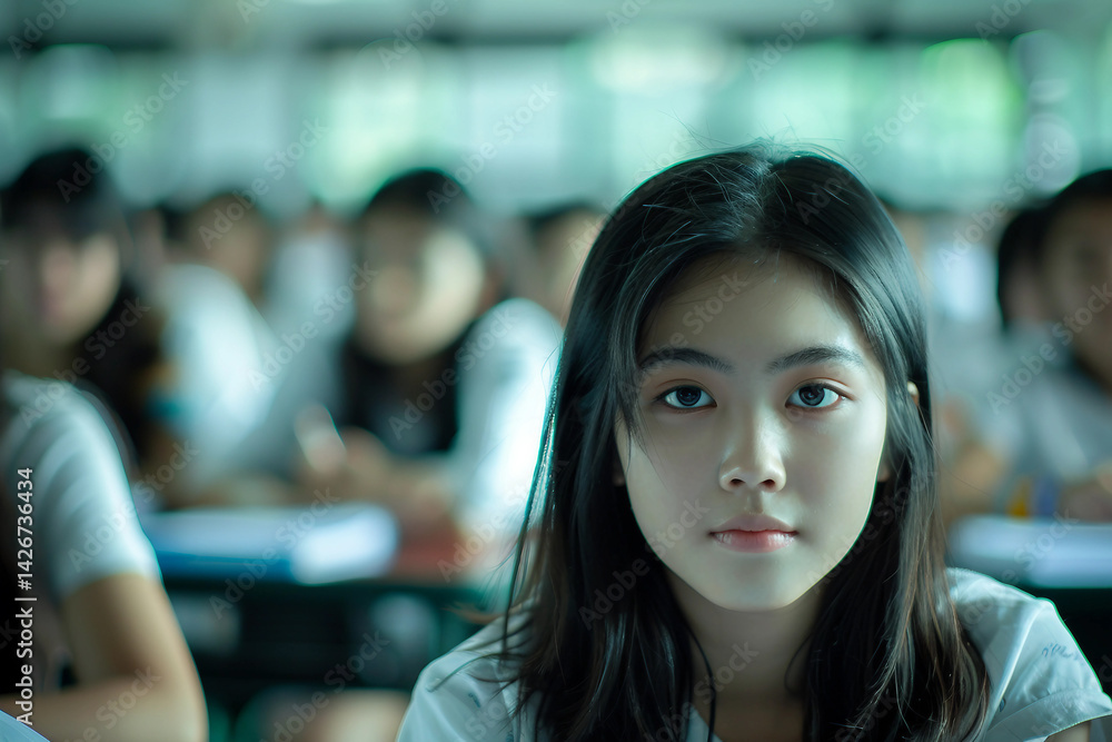 Poster generative ai image of student taking written exam test in educational classroom setting