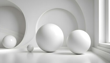 A serene composition features white spheres in a minimalist architectural space, with a clean design.