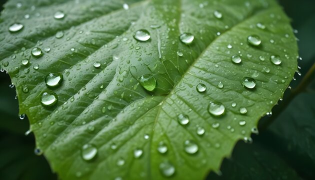 Close-up of a green leaf with water droplets, capturing a fresh and natural moment.