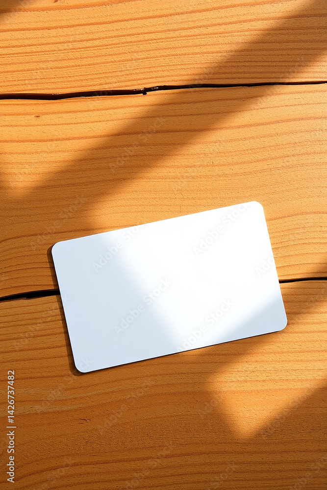 Poster white blank card on wood surface. light from sun creating shadows. empty space on card. place for te
