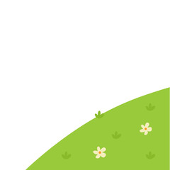 Green meadow landscape with flowers. Summer green fields view, spring lawn hill, green grass fields landscape. Vector illustration