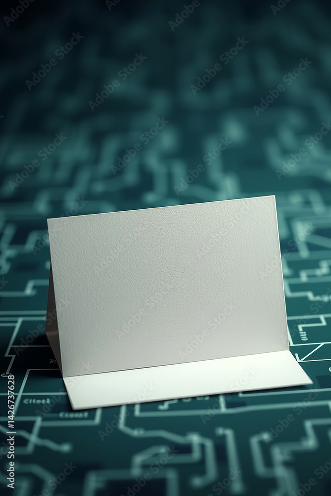 Aufkleber white paper card sits on blue circuit board. blank card is useful for text or message. it could be u