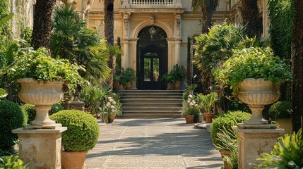Sunlit pathway to grand villa entrance, lush garden