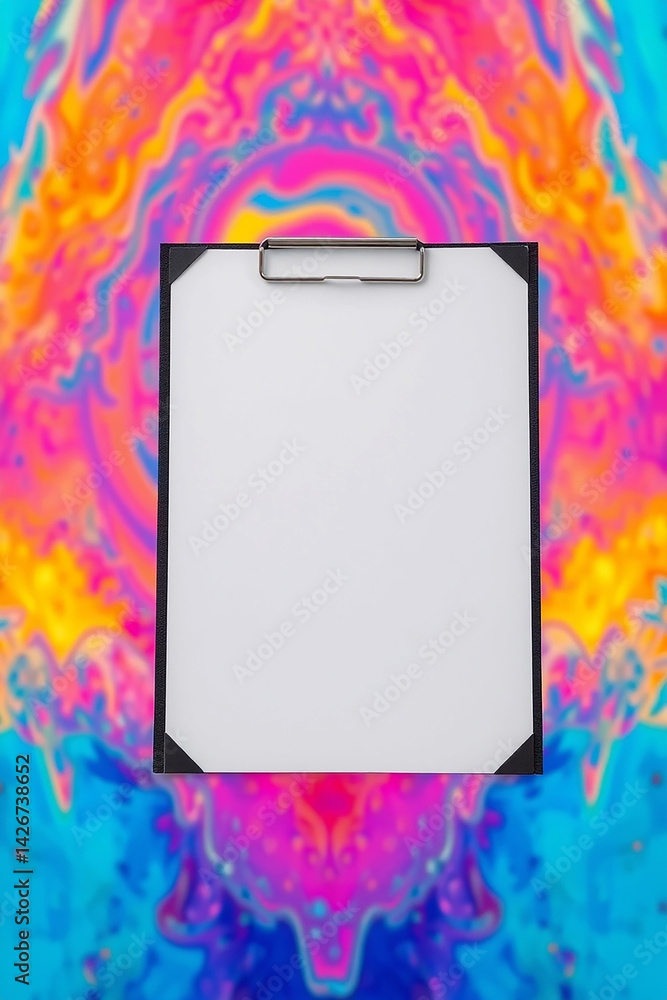 Poster blank white clipboard on a colorful fluid abstract background. empty paper document. ready for text.