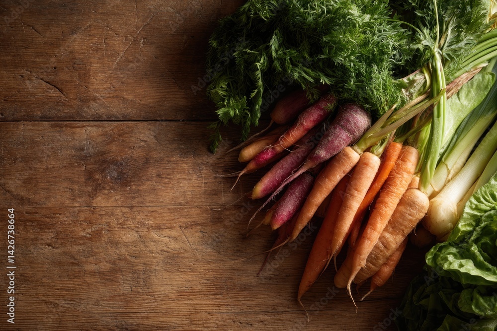 Poster close-up of fresh vegetables neatly arranged on rustic wooden counter minimalistic and inviting offe